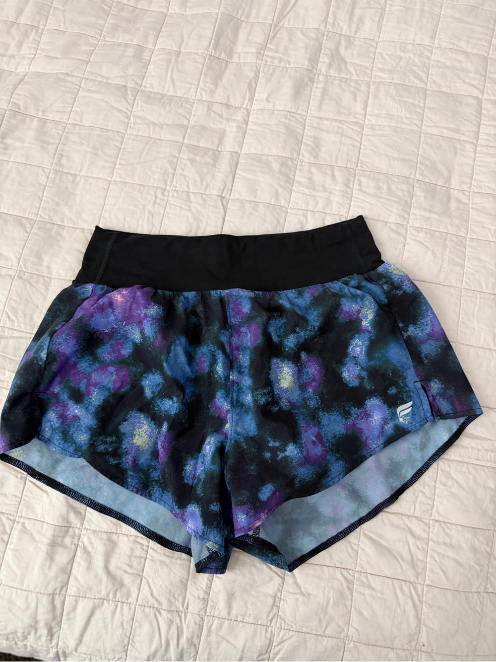 Fabletics Black Shorts with Purple & Blue Abstract Print